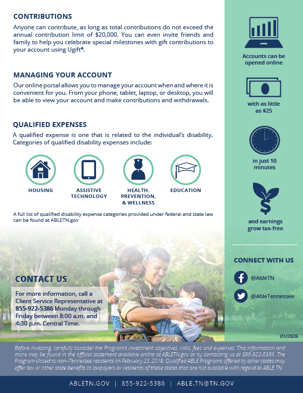 ABLE TN fact sheet—page 2, facts and figures, man in wheelchair with arms stretched